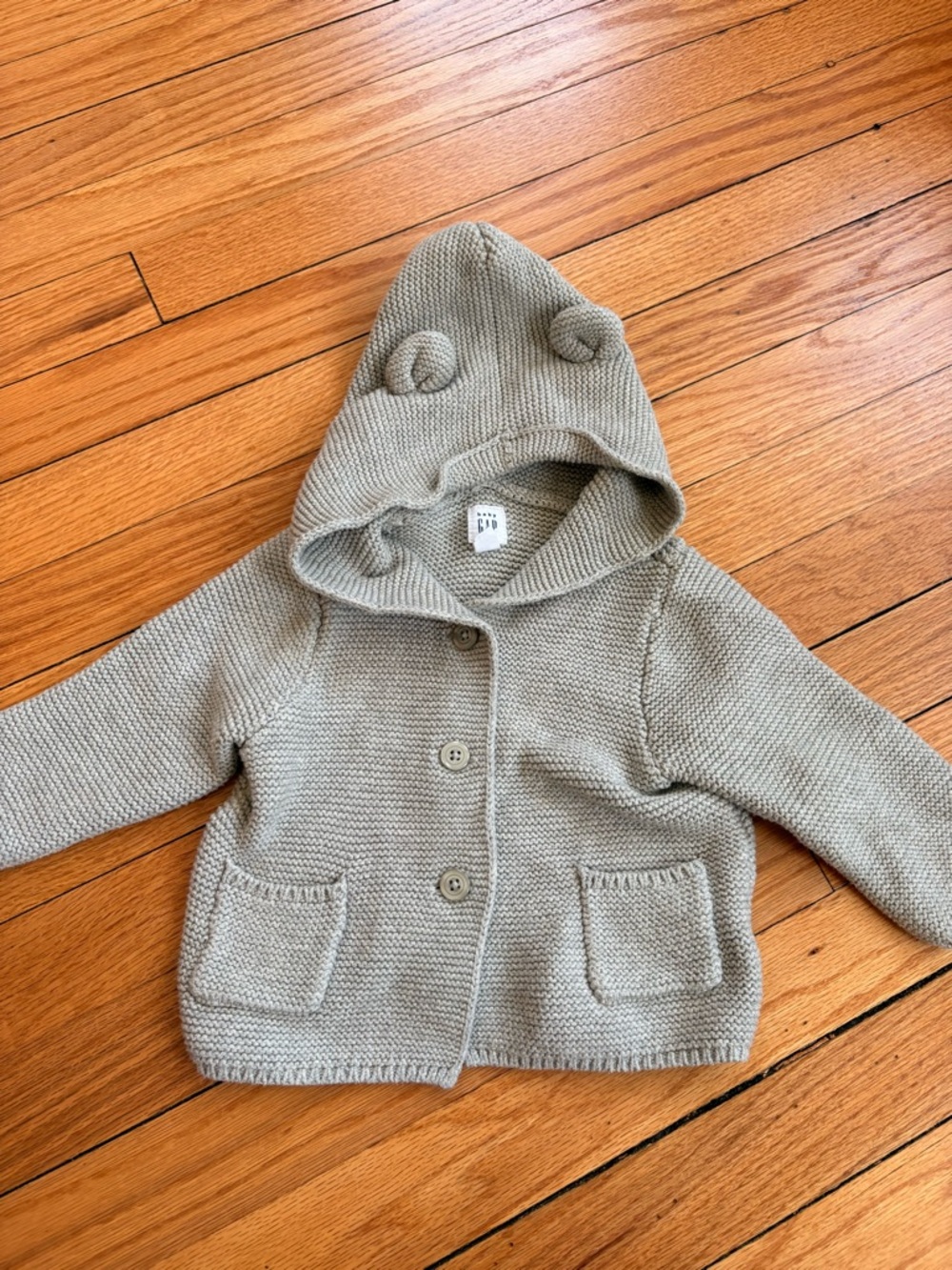 GAP Baby Knit Hooded Cardigan in Light Taupe with Bear Ears Size 6-12 Months